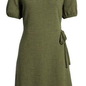 Crosshatch Puff-Sleeve Faux-Wrap Mini Dress XXS Olive